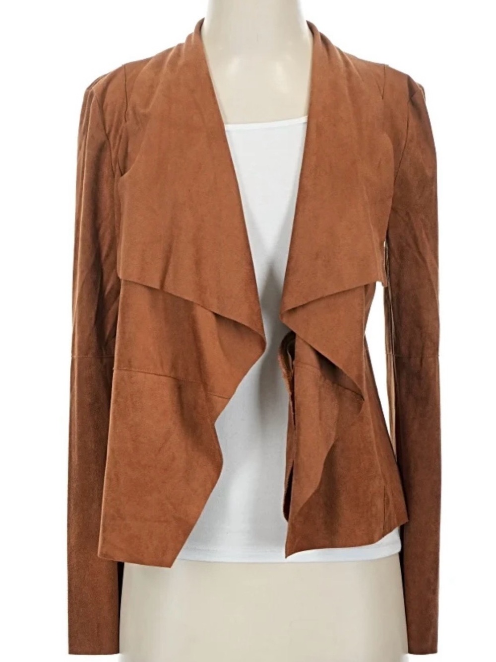 bagatelle Suede-Look Draped Open Front Jacket in Brown